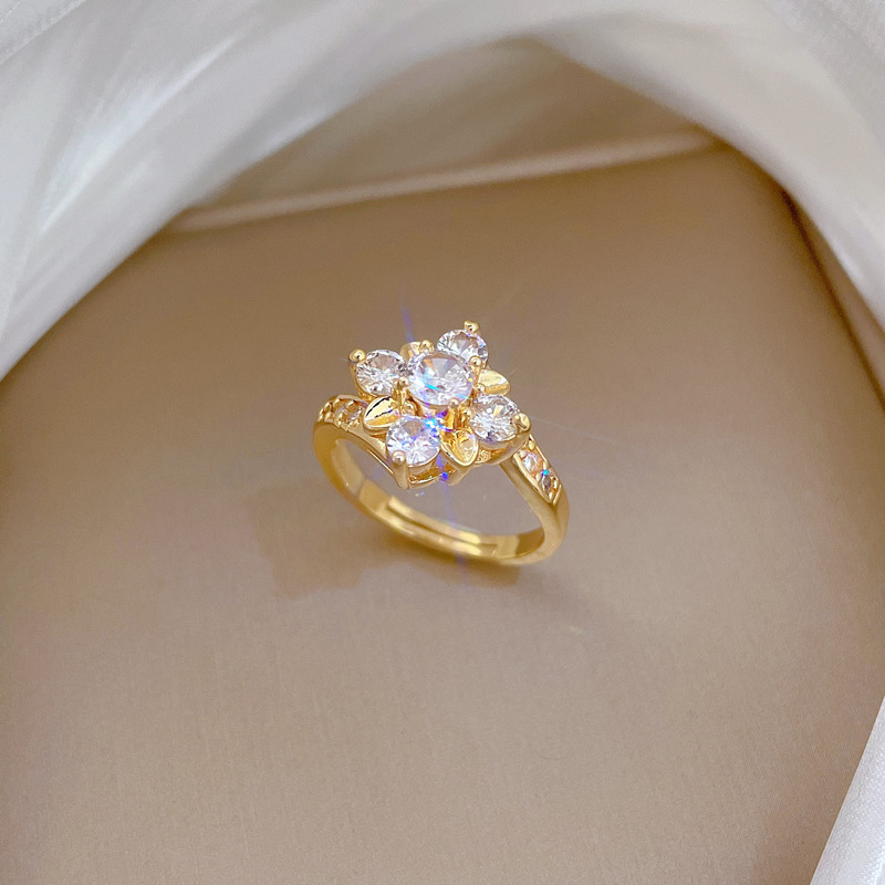 Full Diamond Flower Zirconia Ring Adjustable Gold Luxury Jewellery_voghion.com