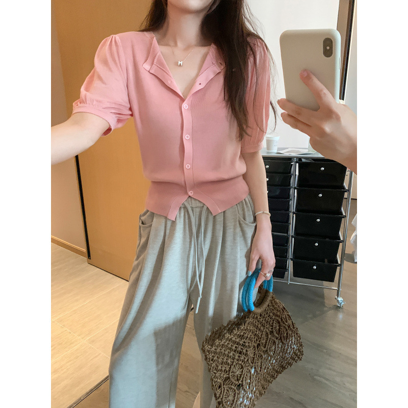 European Lyocell Tencel French Gentle Style Puff Sleeve Knitted Cardigan for Women Summer 2025 New Single Top for Women