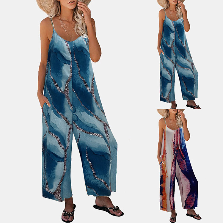 Transfronterizo Amazon 2025 verano nuevo estilo europeo y americano comercio exterior ropa de mujer estampado tirantes bolso casual de pierna ancha mono