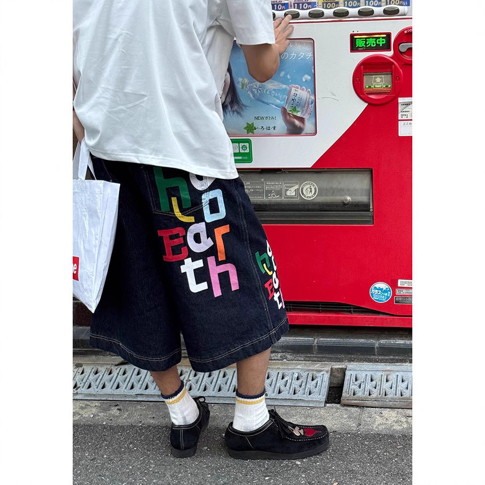 Colorful Printed Washed Cropped Denim Shorts Men's 2024 Summer New Straight Loose All-match Wide-leg Pants