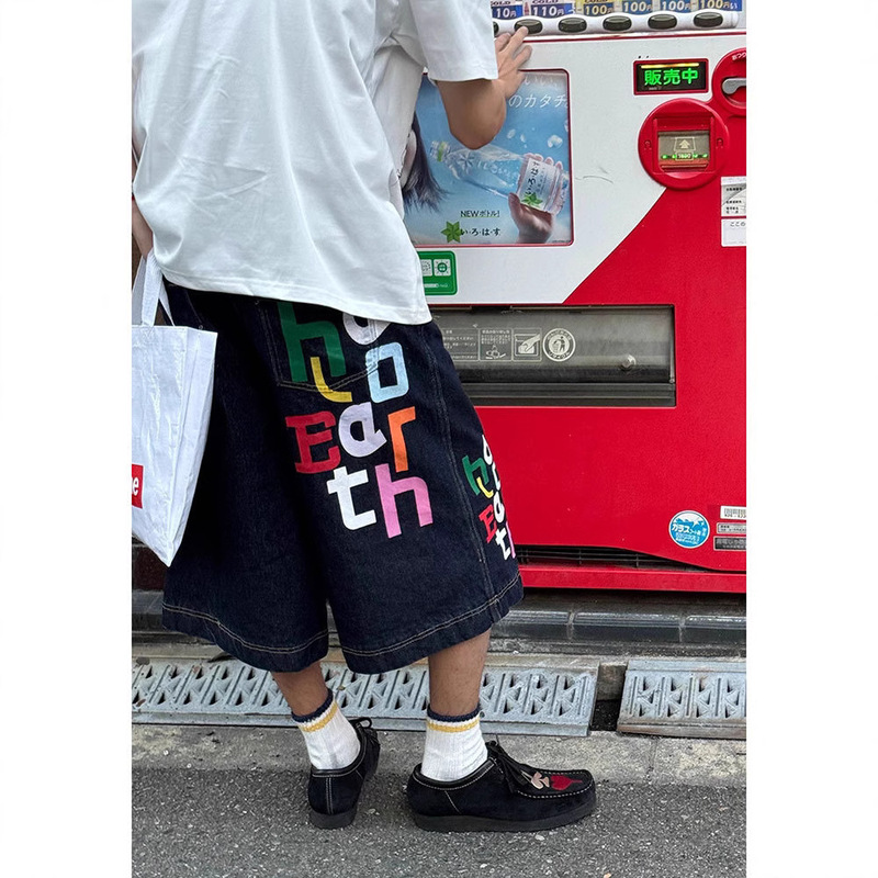 Colorful Printed Washed Cropped Denim Shorts Men's 2024 Summer New Straight Loose All-match Wide-leg Pants