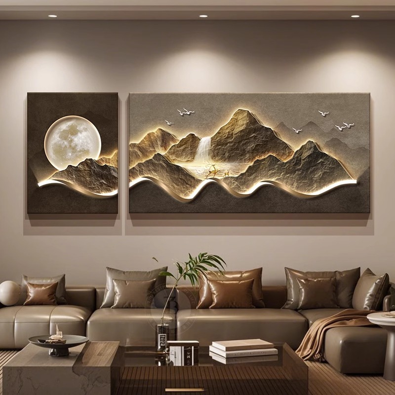 背もたれ付きリビングルーム装飾絵画、軽い豪華さと高級感、ソファ背景壁掛け絵画、組み合わせ絵画、風景二連壁画|undefined