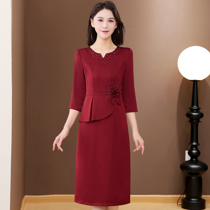 结婚礼服妈妈气质长袖连衣裙假两件遮肚喜婆婆高贵优雅婚宴礼服女|undefined