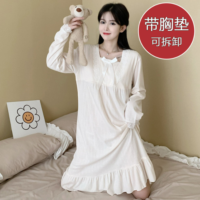 2024 pijama de otoño delgado de manga larga de punto de algodón cojín de pecho pijama encaje dulce de pijama ropa para el hogar