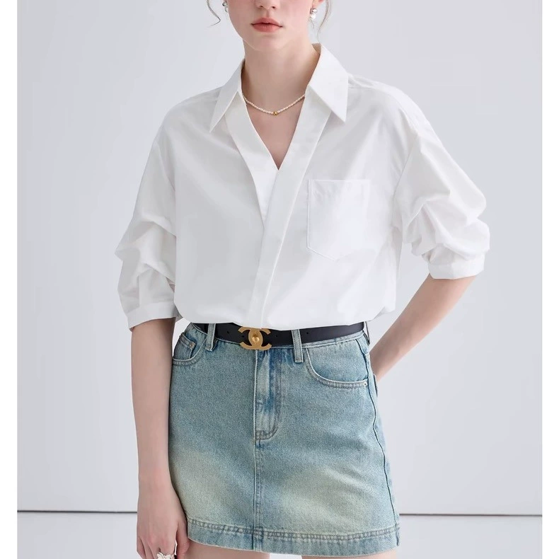 Летняя рубашка для отдыха, oversize, французский стиль, V-образный вырез, с коротким рукавом