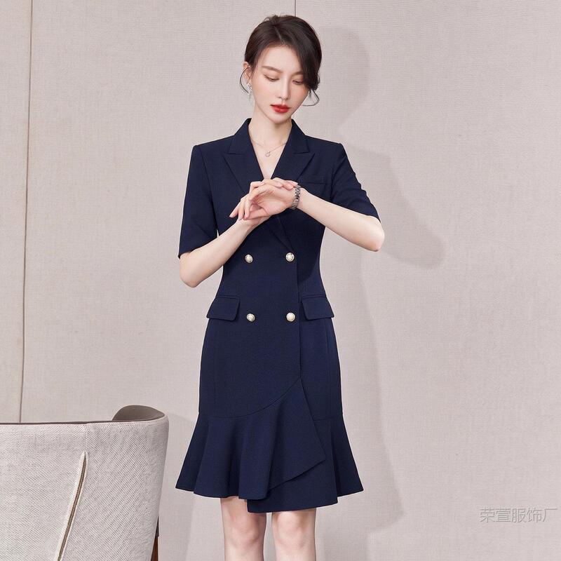 Navy Blue Office Suit Dress for Women, High-End Elegant Socialite Style, Summer Commuter Double-Breasted Fishtail Dress