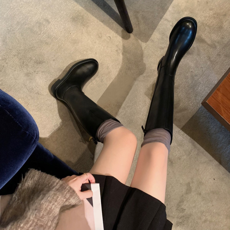 牛皮版显瘦靴子长靴女秋冬低跟侧拉链骑士靴长筒靴真皮高筒机车靴|undefined