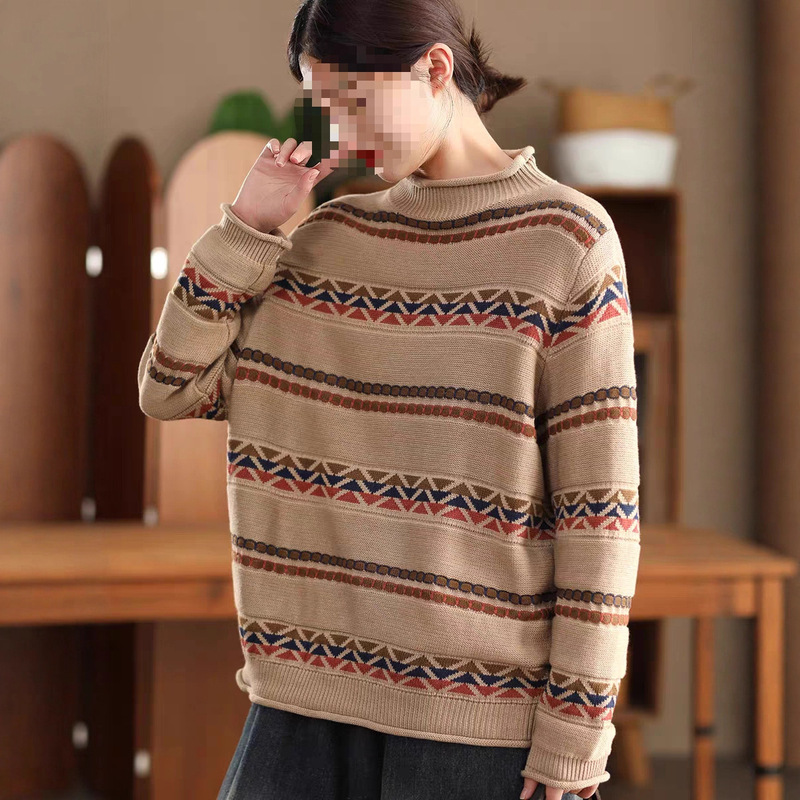 Winter Fashion Jacquard Cotton Knit Sweater for Women, Artistic Rolled Edge Half-High Collar Long Sleeve Pullover Sweater, Coffee Color, One Size Fits All