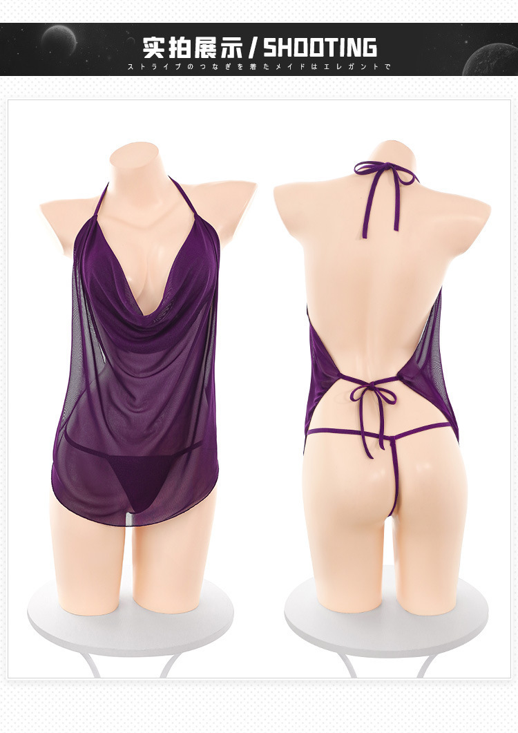 Feimu Lace-Up Halterneck Pile Collar Bodysuit with Thong, Sheer Mesh Lingerie Set — detail image 28