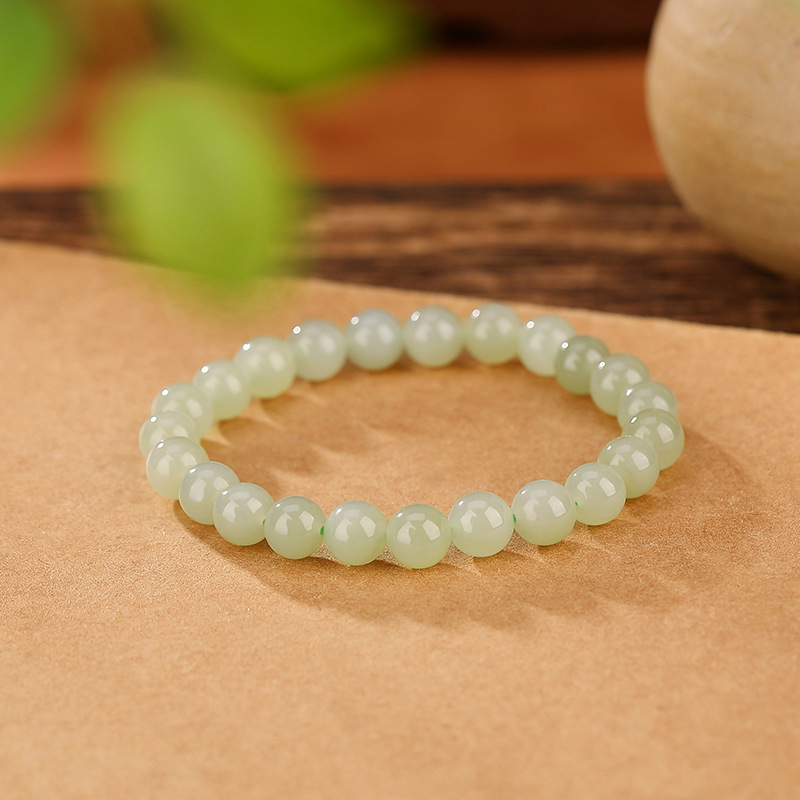 Vòng tay bạc S925 hạt ngọc bích Hetian tròn cổ điển — Màu sáng 8mm