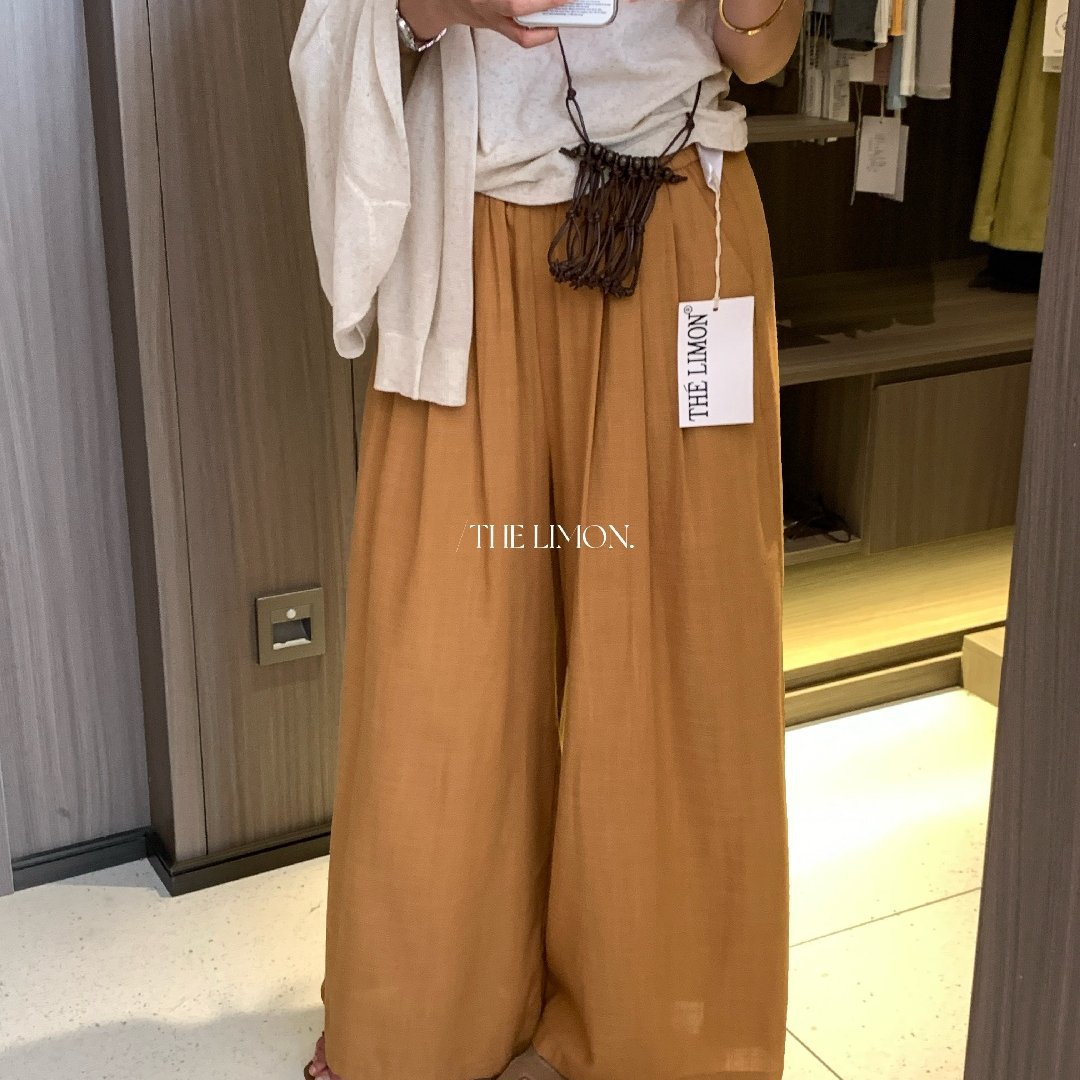 Quần ống rộng nữ vải linen phối cotton dáng suông mùa hè — Xám gạo, Xanh xám nhạt, Xanh đen, Cam bí ngô