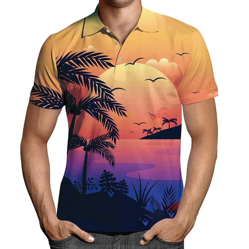 2023 Novo Pulôver de Manga Curta com Gola Impressa 3D Múltipla Casual Camiseta Polo Masculina Botão_voghion.com