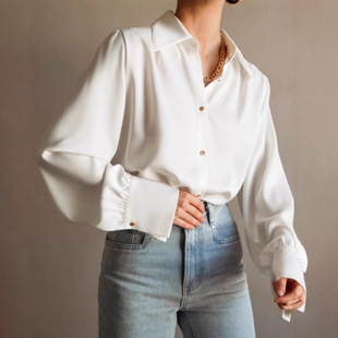 French Lapel White Long Sleeve Shirt Women's 2025 Spring Retro Fashion Mid-length Women's Shirt Professional Women's Clothing