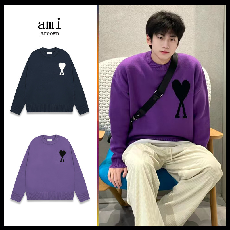 Ami Knit Sweater Round Neck 25Ss Autumn and Winter New Style Big Heart Jacquard Loose Casual Lazy Cross-Border Pullover Sweater