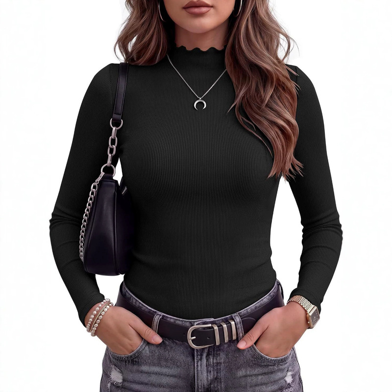 2026 Women's Long-Sleeve Shirt, Ribbed Slim-Fit Top, Lettuce Trim, Faux Collar, Basic Summer-Autumn Style