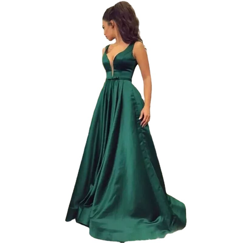 Vestido de noche para mujer, estilo europeo y americano, de Amazon, AliExpress y Wish, de satén sin mangas, elegante y sencillo, con cuello en V, entallado. image 4