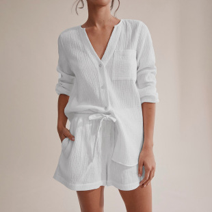 Summer White Long-sleeved Air-conditioning Clothing Double-layer Gauze Shorts Set Cotton Pajamas Women's Skin-friendly Women's Home Clothes
