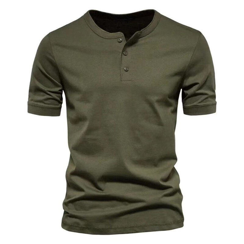 2026 Cross-Border Men's T-Shirt American Style Henley Round Neck Short-Sleeved T-Shirt Summer Men's Slim Fit Solid Color Base Shirt