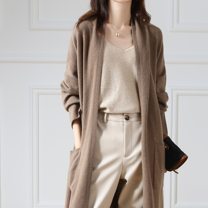 Autumn and Winter new ultra-long 100% pure wool knitted cardigan women's loose lazy sweater coat versatile Long
