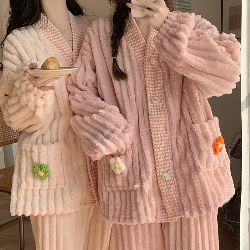 두꺼운 산호 양털 기모노 나이트 가운 여성의 겨울 귀여운 꽃 원피스 느슨한 뚱뚱한 양털 따뜻한 집 옷