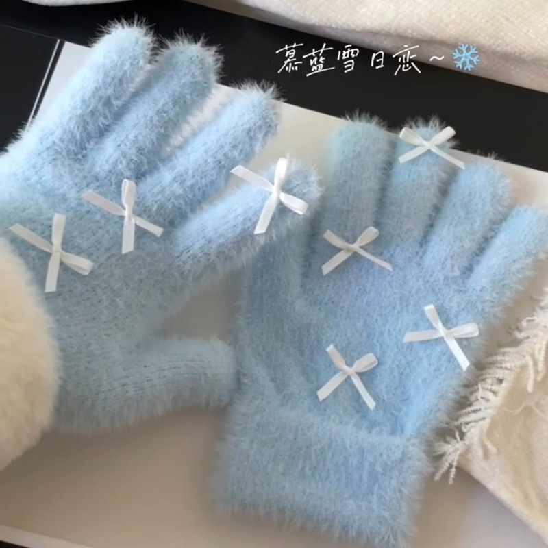 成人卡通毛绒针织手套女冬季可爱蝴蝶结加厚分指防冻学生骑行保暖|undefined