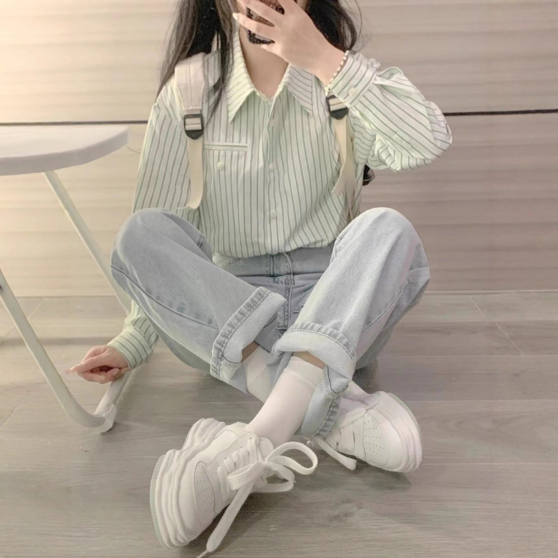 2025设计感小众上衣宽松小个子日系复古法式款条纹衬衫女春秋港风|undefined