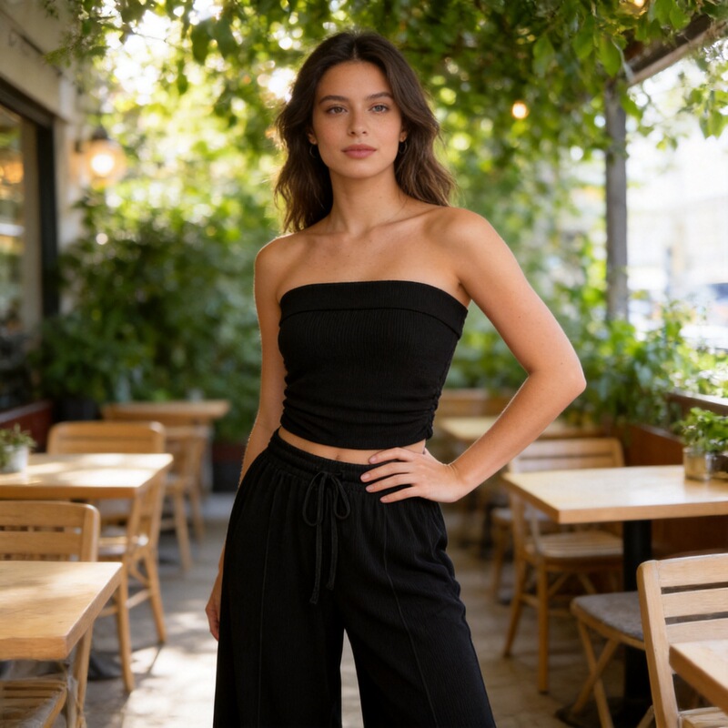 Cross-Border Hot-Selling Item Exclusively for Amazon: Women's Summer 2-Piece Set, Casual Ribbed Knit Crop Top and Wide-Leg Pants