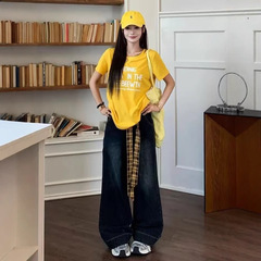 小众格子拼接阔腿牛仔裤女夏季2025新款时尚高腰直筒宽松拖地长裤