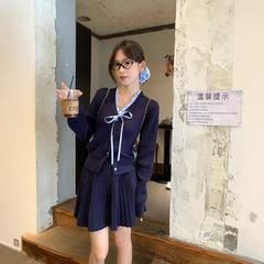 韩系学院风套装女木耳边拼接针织开衫上衣秋季百褶裙半身裙两件套