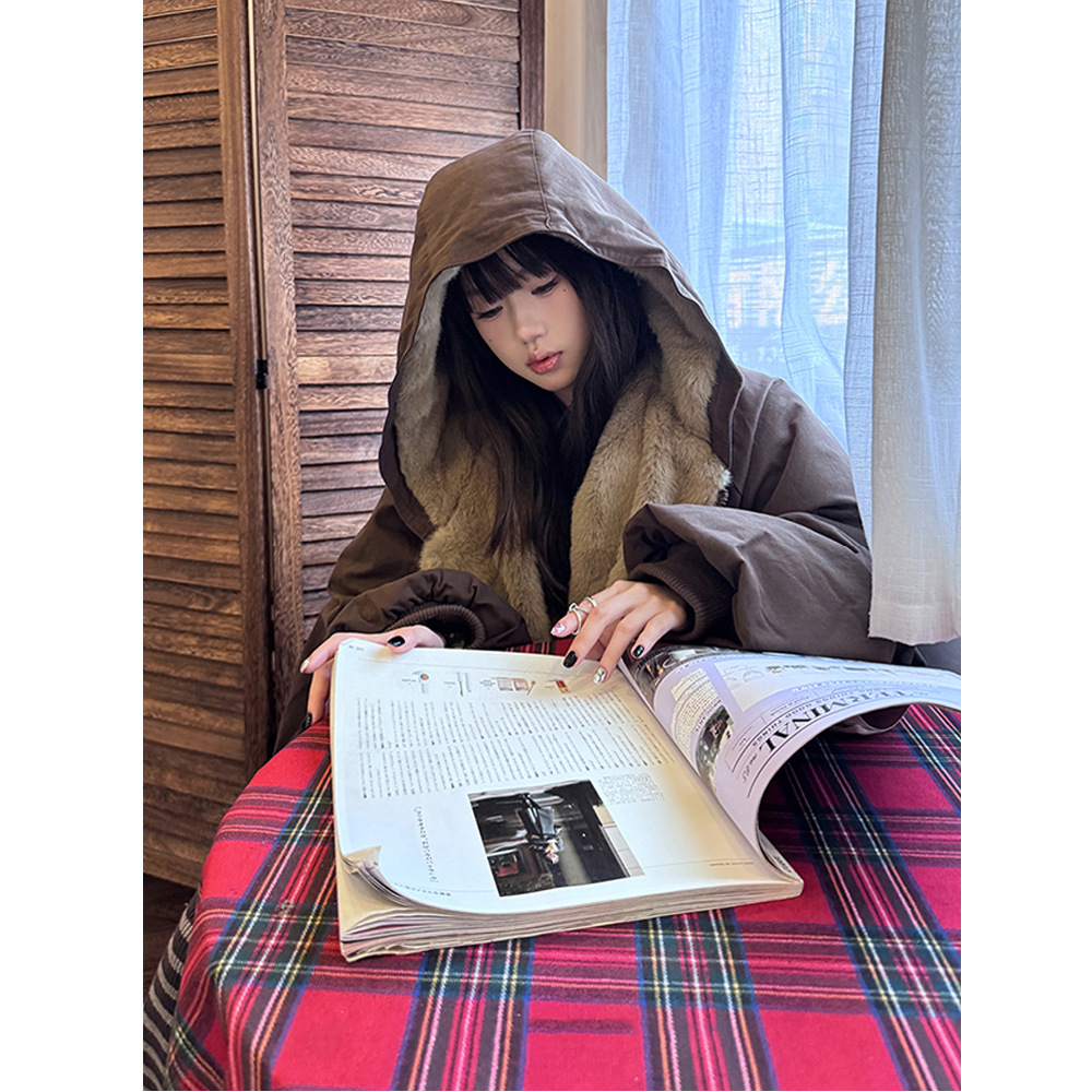 设计感正反面保暖咖色棉服外套女装冬季休闲宽松拉链大衣棉衣