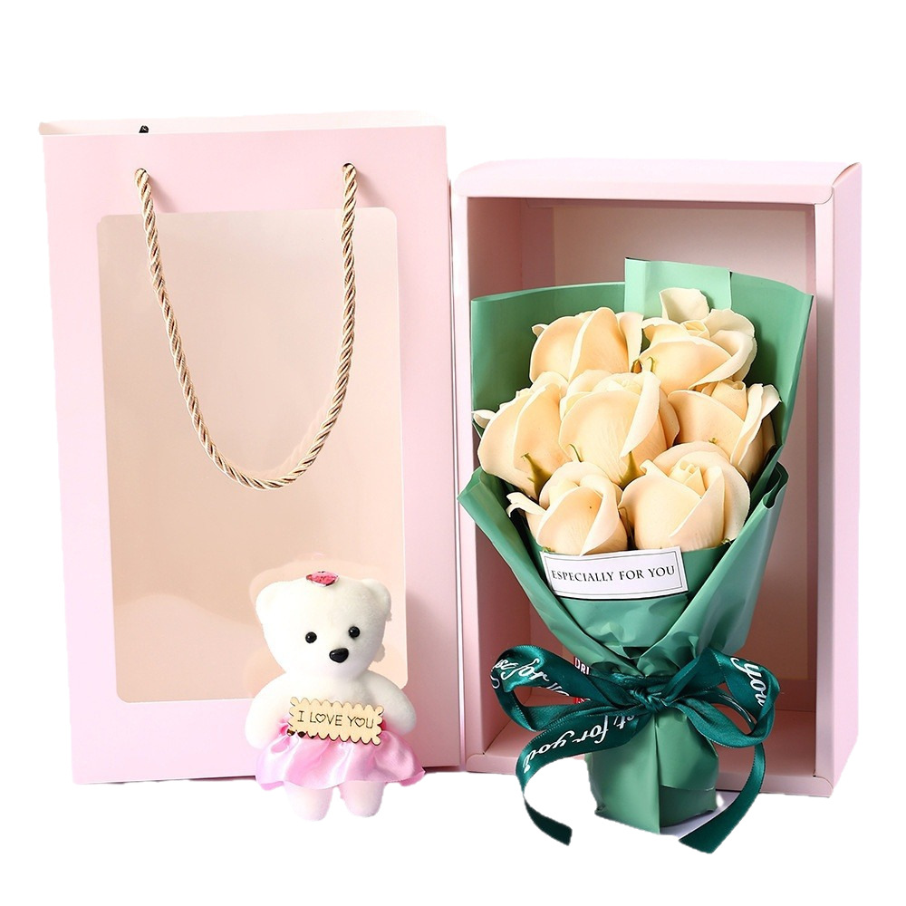 Oso de Peluche con 7 Rosas de Jabón en Caja - Regalo de San Valentín y Día de la Madre