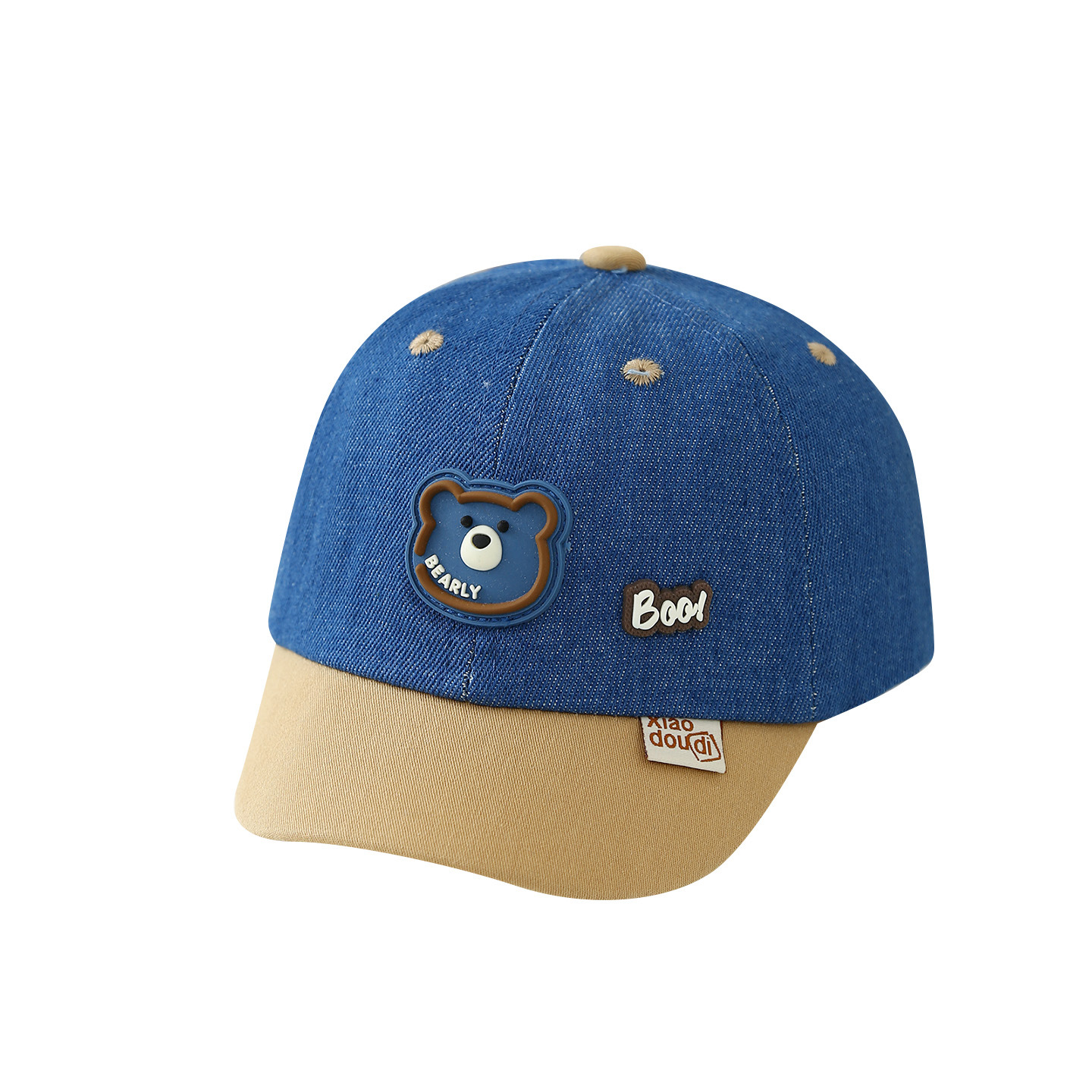 Chapéu de Sol Infantil Casual com Proteção Solar UPF 50+ Chapéu Infantil em Jeans com Blocos de Cores Coleção Primavera/Verão 2026 Novo Boné de Beisebol com Estampa de Urso para Meninos_voghion.com