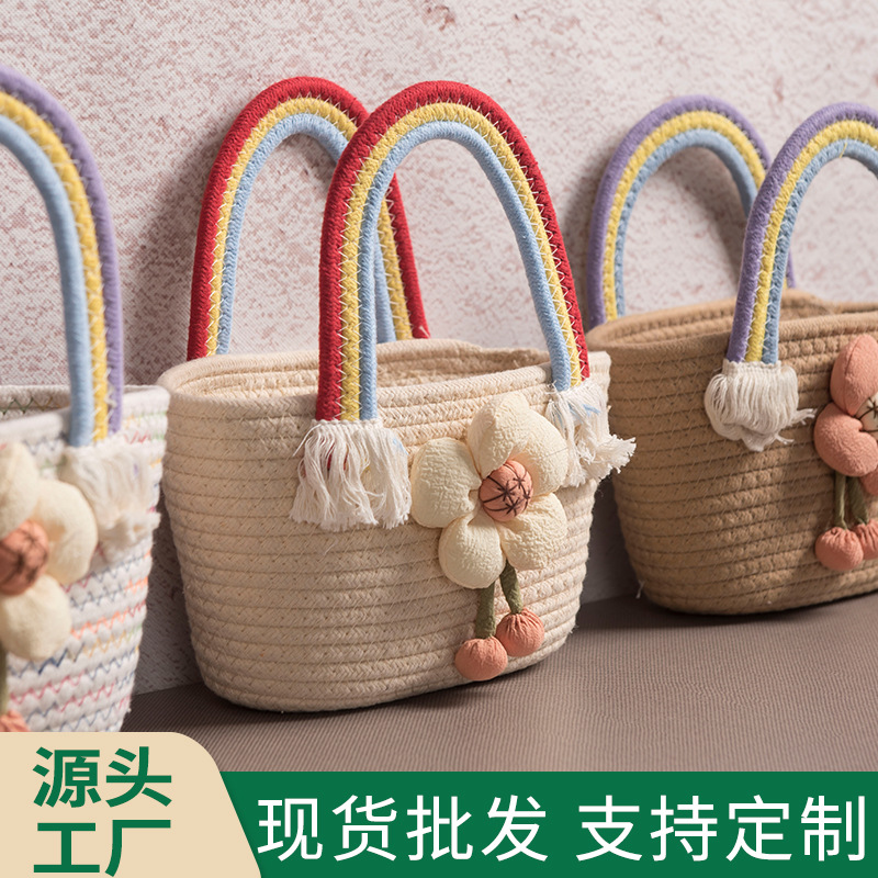 Bolsa de tejido artesanal arco iris, bolso de tejido de cuerda de algodón, bolso de tejido de flores pequeño, bolso de mano, bolso de mujer
