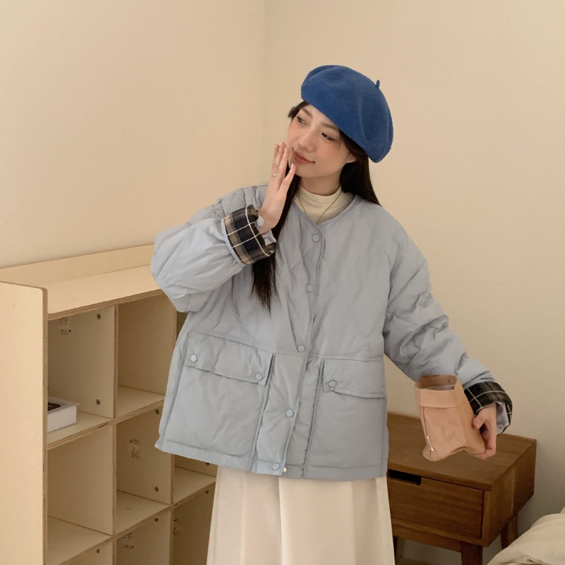 韩系学院风蓝色菱格羽绒棉服女秋冬季新款宽松轻薄休闲慵懒风外套|undefined