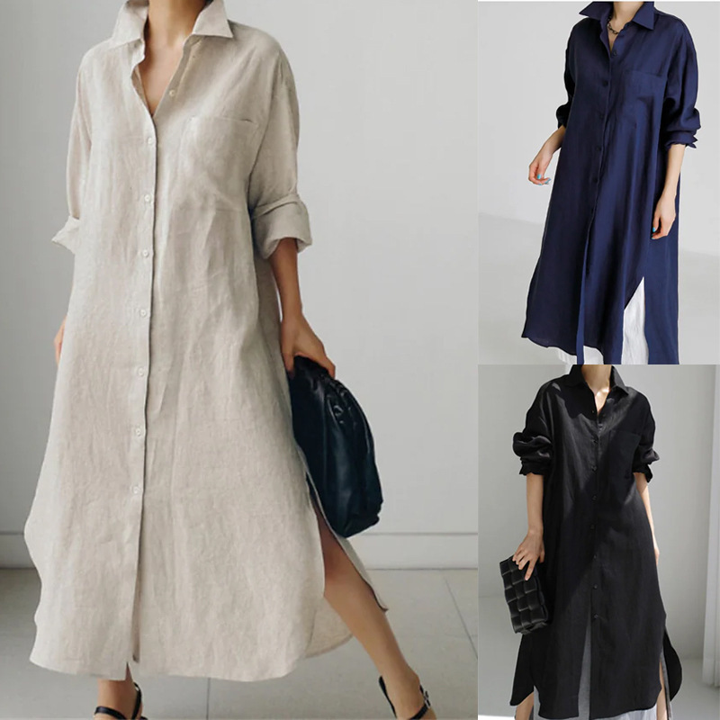 2025 European and American Cross-Border New Cotton and Linen Shirt Dress Loose Asymmetrical Bottoming Shirt Cardigan Long Dress