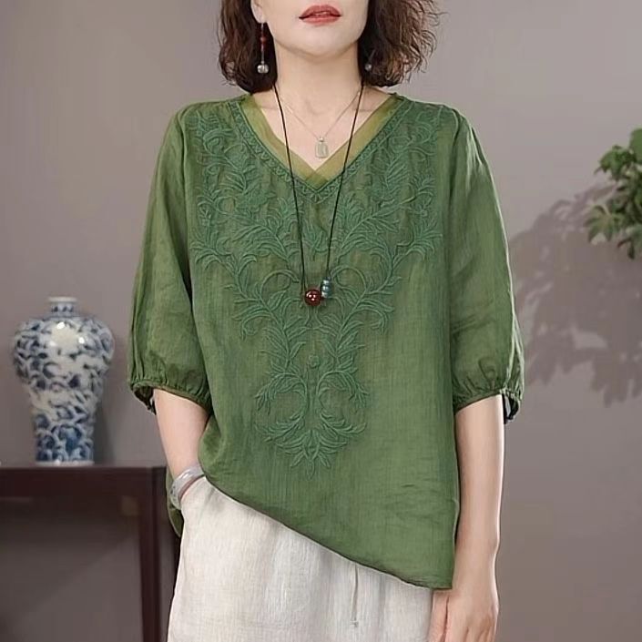 Cross-border High-end Women's Summer Retro Short-sleeved Linen Shirt Women's Loose plus size Embroidered Thin Shirt