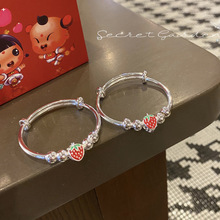 纯银推拉儿童手镯 足银999圆棍串珠草莓童镯 新生宝宝礼物