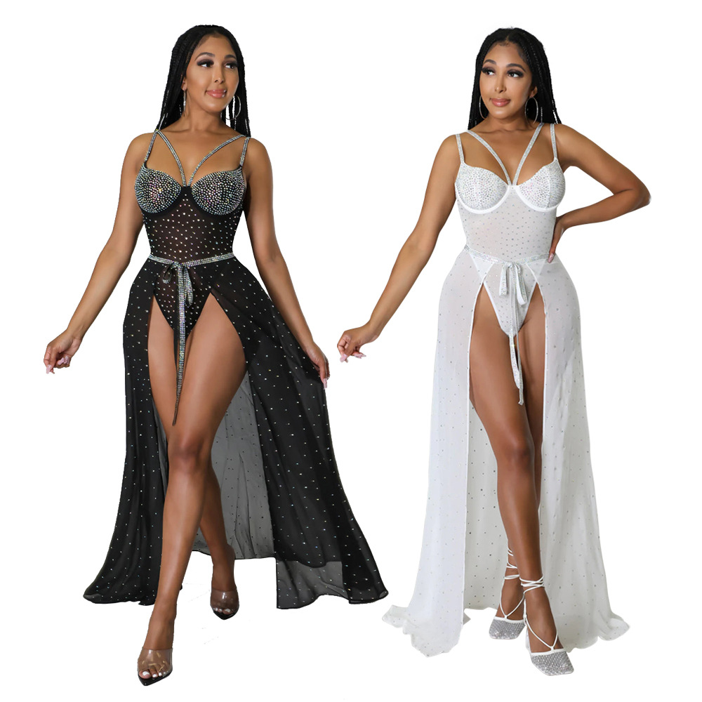 hot drill sling backless wrap chest slim lace-up solid color one-piece top and skirt set NSYMS134805