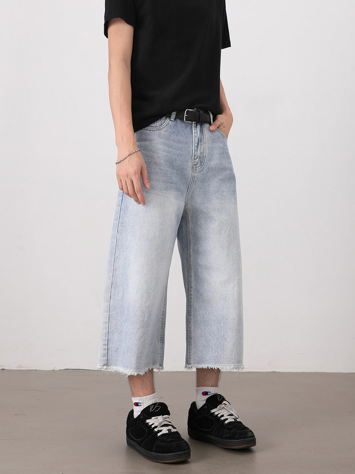 Quần short denim nam ống rộng dáng thẳng, kiểu Mỹ cổ điển, wash xước gấu, dài 8/10 — Màu xanh dương