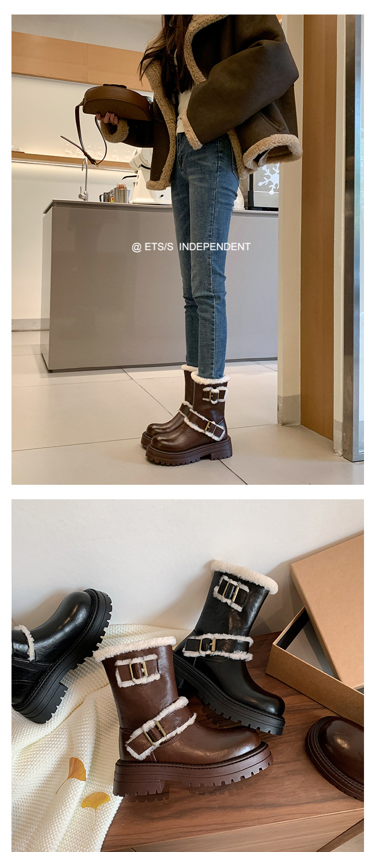 Boot tuyết nữ cổ thấp đế dày phong cách Anh, có khóa thắt lưng, lót lông ấm — màu đen chi tiết 25
