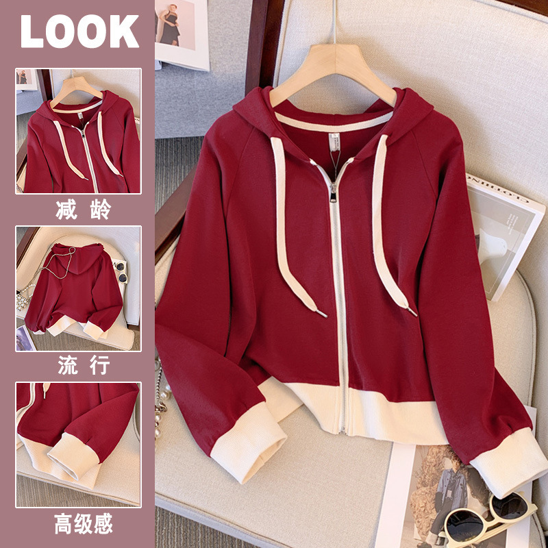 Korean Style Contrast Color Hooded Sweatshirt Jacket Women's Spring and Autumn Fashionable Casual New Short Zipper Simple Long Sleeve Top Korean Style Contrast Color Hooded Sweatshirt Jacket Women's Spring and Autumn Fashionable Casual New Short Zipper Simple Long Sleeve Top
