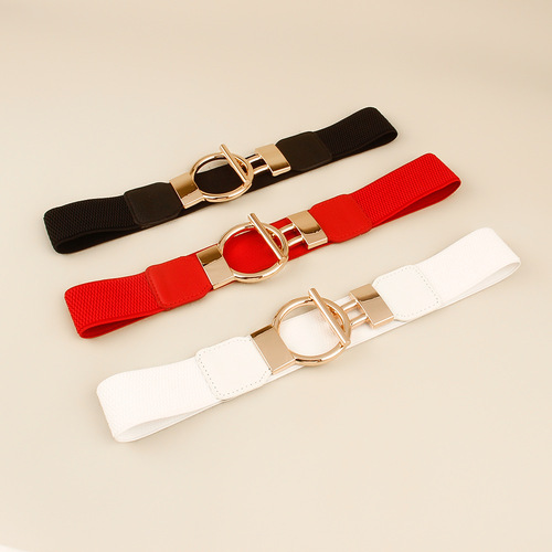 Summer belt for women with wide decorative girdle that can be worn with dresses, Korean style 4cm elastic metal round buckle waist ornament