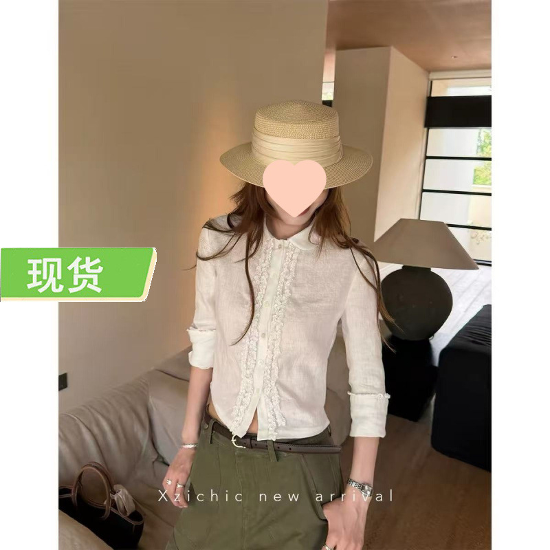 Schoolgirl-Style Shirt/100% Linen Age-Reducing Lace-Trimmed Blouse for Women with Three-Quarter Sleeves and Turn-Down Collar Short Shirt Schoolgirl-Style Shirt/100% Linen Age-Reducing Lace-Trimmed Blouse for Women with Three-Quarter Sleeves and Turn-Down Collar Short Shirt