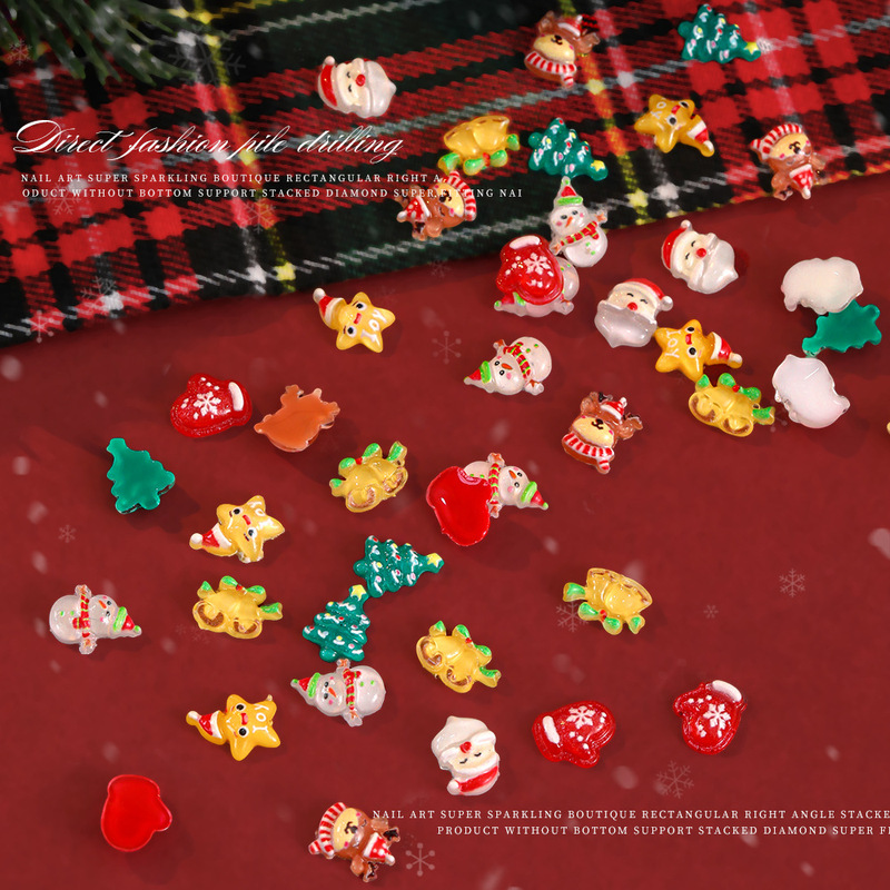 Christmas Nail Art Accessories Cross-Border Mixed Santa Claus Christmas Tree Snowman Bell Cartoon Resin Nail Art Accessories