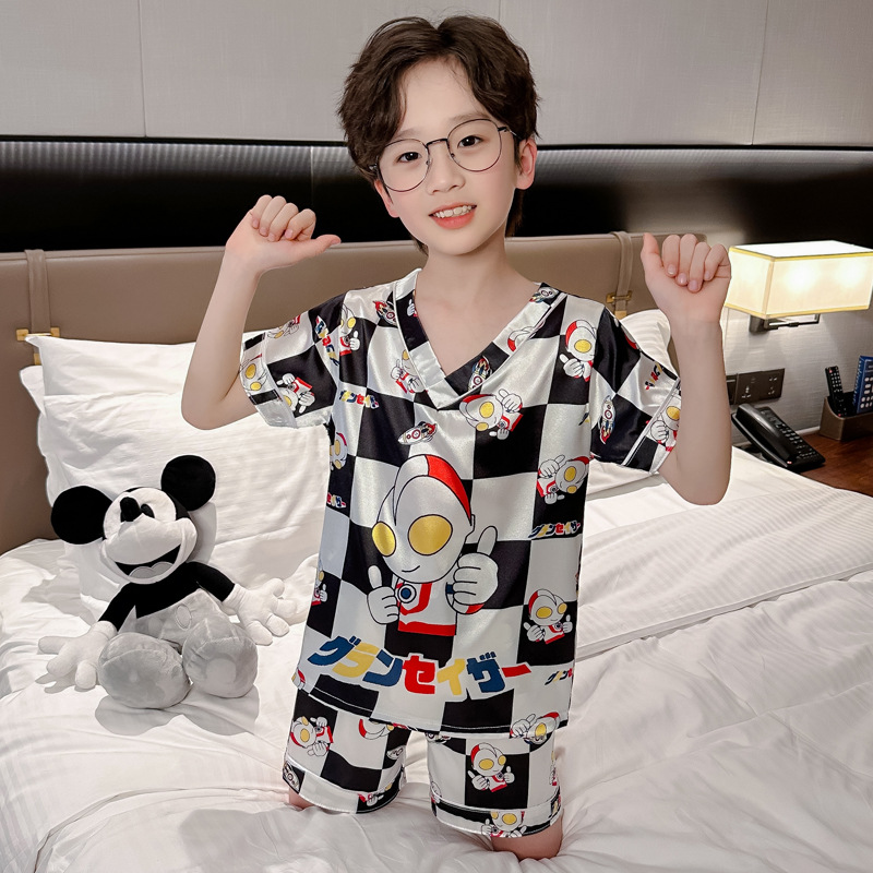 Pijamas de niños verano seda hielo pantalones cortos de mangas cortas set delgado niños grandes ropa de dibujos animados para el hogar