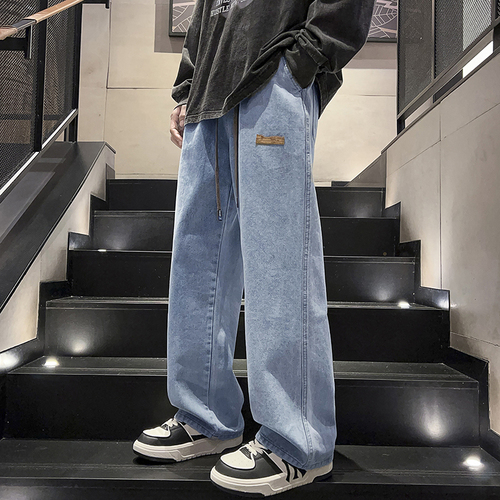 Foreign trade black jeans for men, spring and autumn loose wide-leg drawstring straight pants for men, new work pants for men