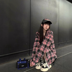 早秋格子防晒衬衫女美式慵懒风开衫上衣宽松叠穿长袖衬衣夏季外套