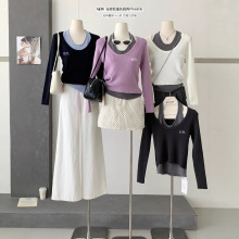 温柔风假两件针织衫女长袖秋冬新款修身显瘦简约百搭打底挂脖上衣