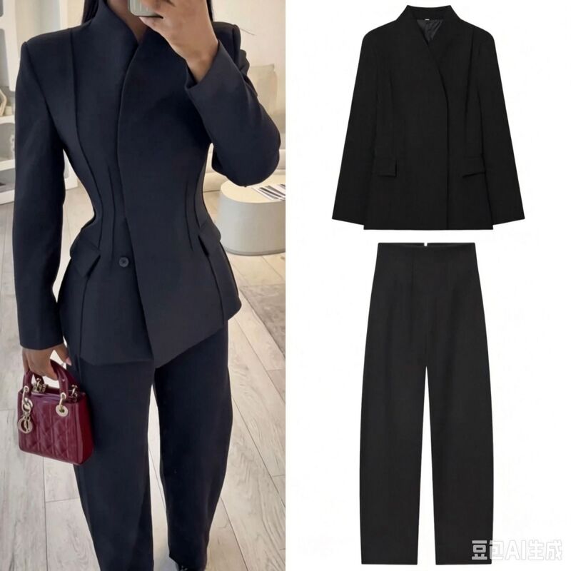 New fashion design for women: a tailored, high-necked, slim-fit blazer paired with matching casual trousers