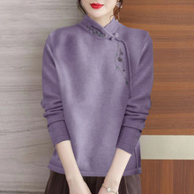 加绒加厚德绒打底衫女新款秋冬中国风长袖T恤洋气内搭民族风上衣